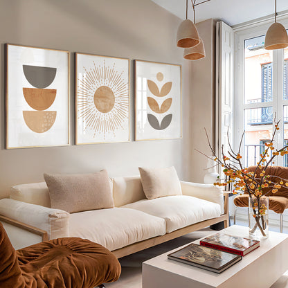 Modern geometric wall art in beige, taupe, ivory, and warm gray tones
