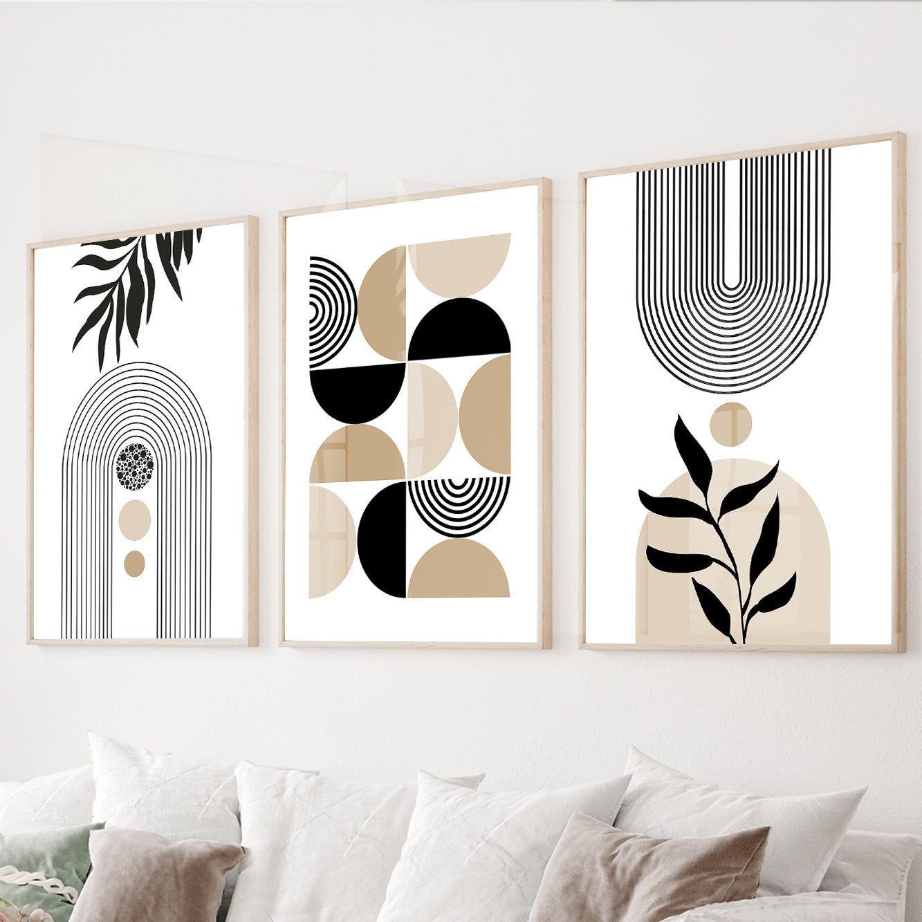 Neutral geometric wall art set of 3 featuring minimalist arches, abstract shapes, and botanical silhouettes