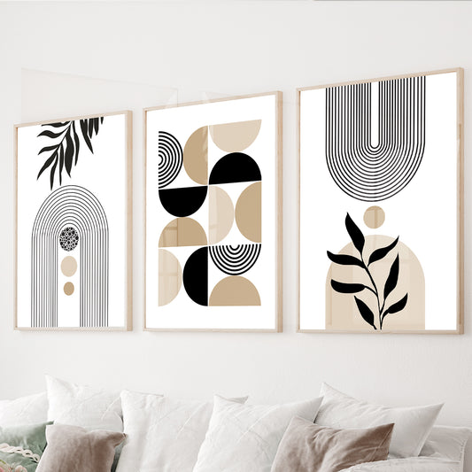 Neutral geometric wall art set of 3 featuring minimalist arches, abstract shapes, and botanical silhouettes