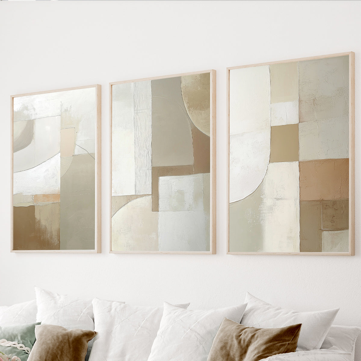 Neutral geometric wall art set of 3 featuring beige, cream, taupe and soft gray abstract shapes.