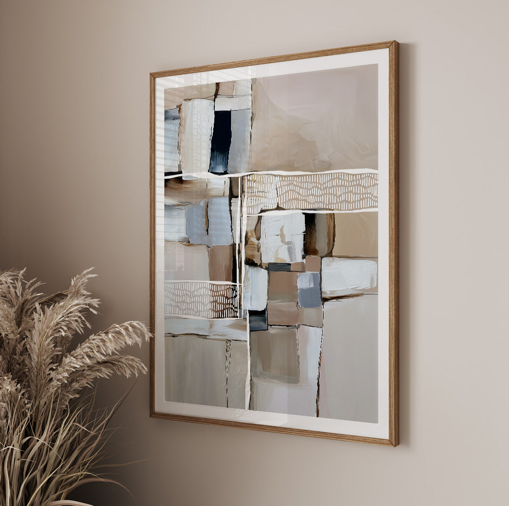 Neutral geometric wall art set with cream, white, taupe and gray painted blocks in light wood frames.