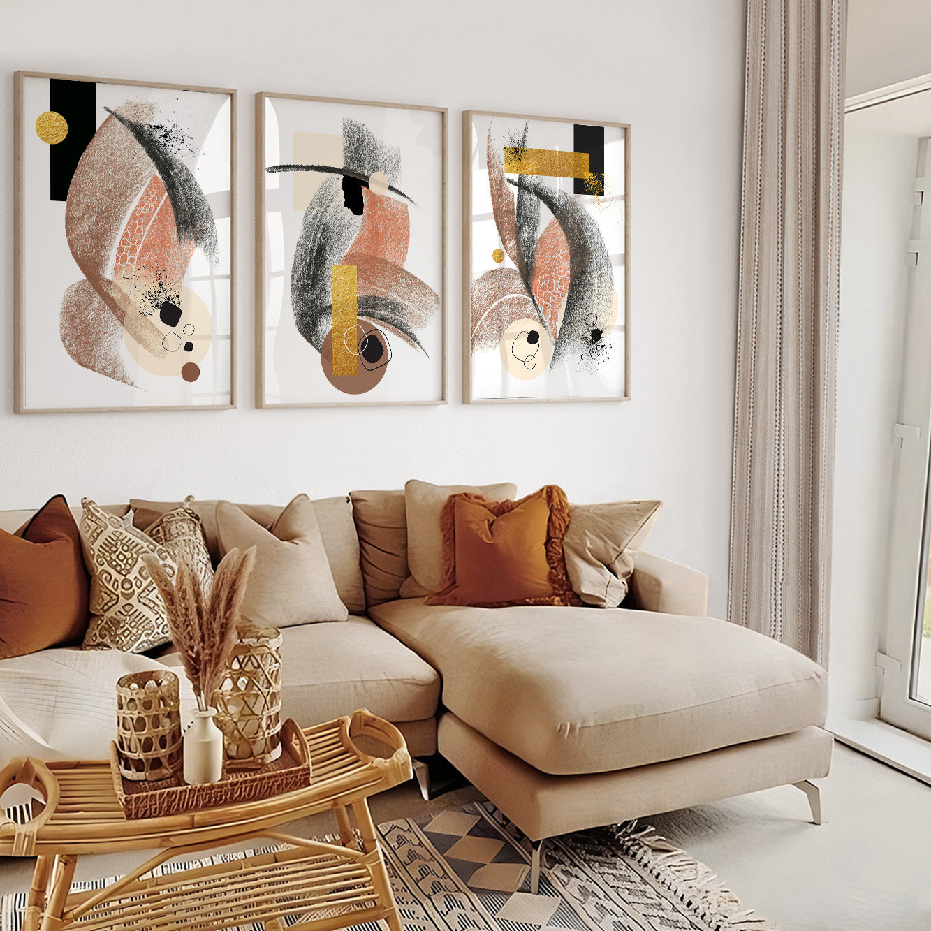 Neutral geometric wall art set designed for contemporary living rooms and bedrooms