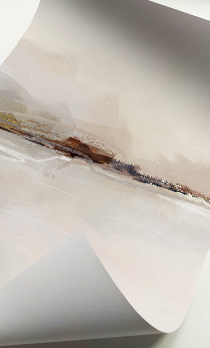Neutral abstract landscape wall art set of 2 with soft beige lake scenery