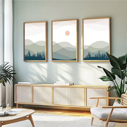 Scenic landscape gallery wall with minimalist mountain silhouettes and soft earth tones