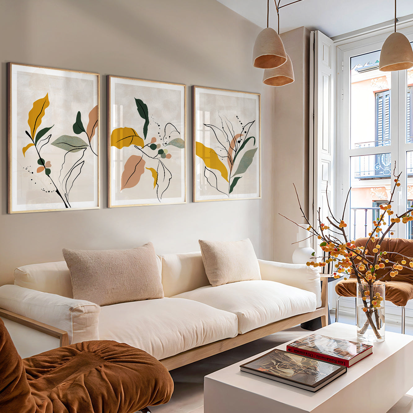 Contemporary botanical prints with elegant line art and organic abstract leaf compositions