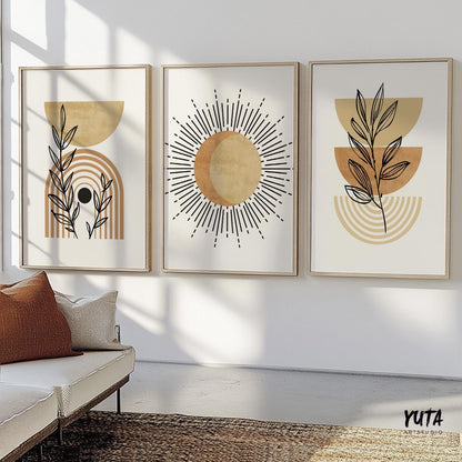 Three framed abstract terracotta and beige prints in boho style, lit by natural sunlight