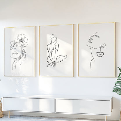 Organic Modern gallery wall with minimalist female line drawings and botanical details
