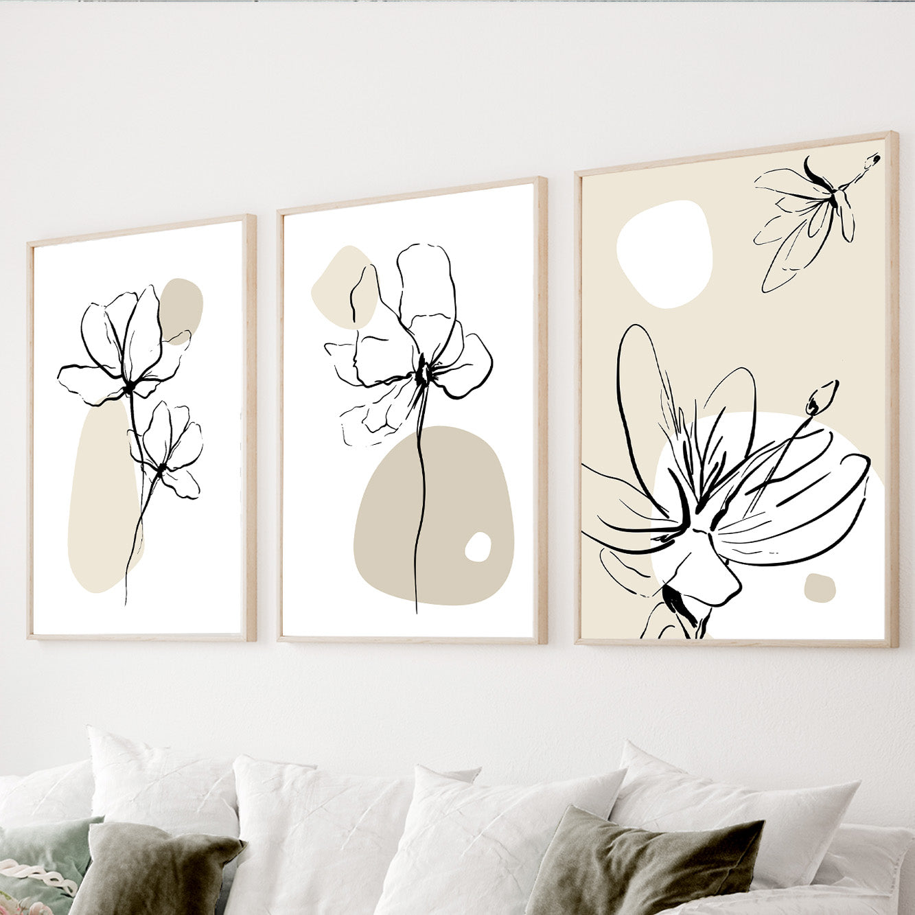 Neutral minimalist floral wall art set of 3 with beige botanical line drawings