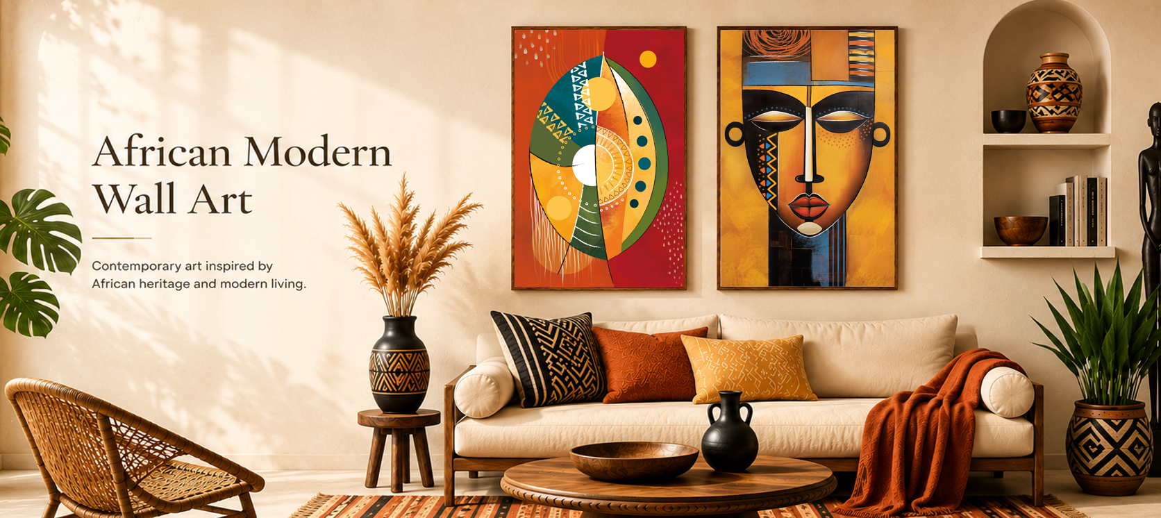 African modern wall art mockup in warm contemporary living room interior