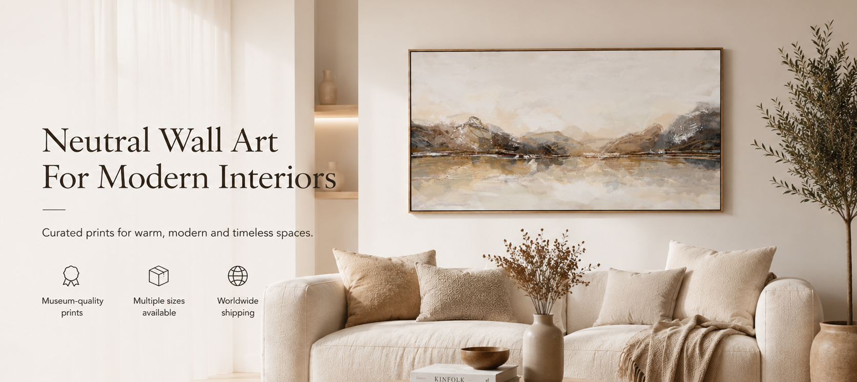 Modern neutral wall art above sofa in contemporary living room