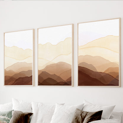 Neutral mountain wall art set of 3 in warm beige tones