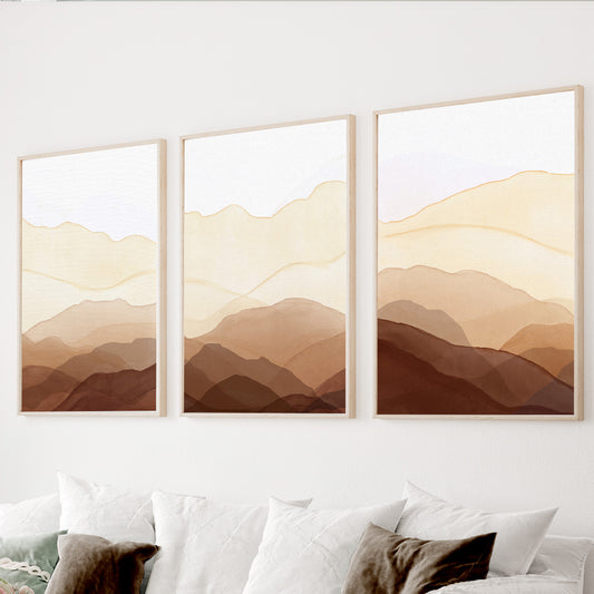 Neutral mountain wall art set of 3 in warm beige tones