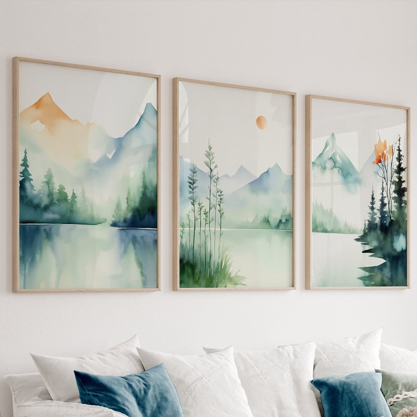 Neutral mountain wall decor for bedroom or living room styling