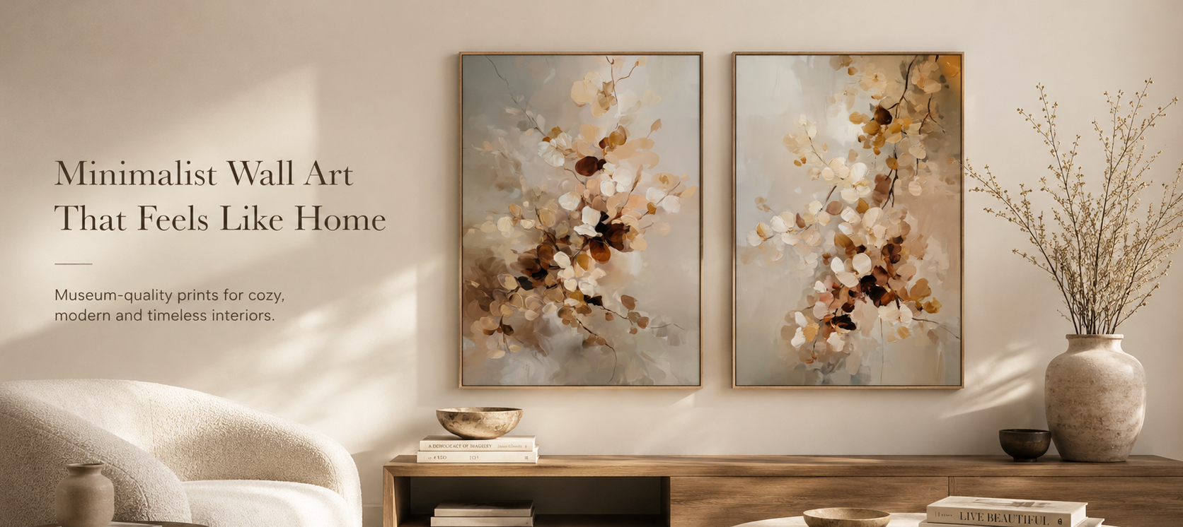 Neutral wall art mockup banner in bright boho Scandinavian living room with colorful accents and natural light