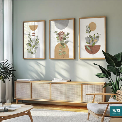 Trio of framed abstract botanical prints with terracotta and grey shapes in a gallery wall set.