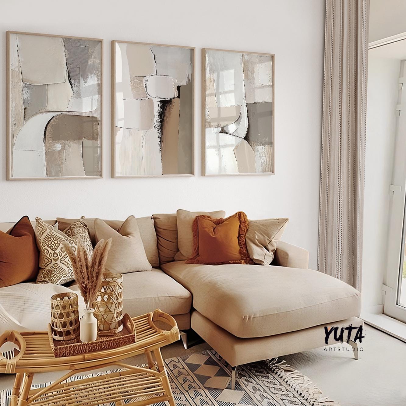 Neutral wall art set featuring textured abstract compositions in beige, ivory and taupe color palette