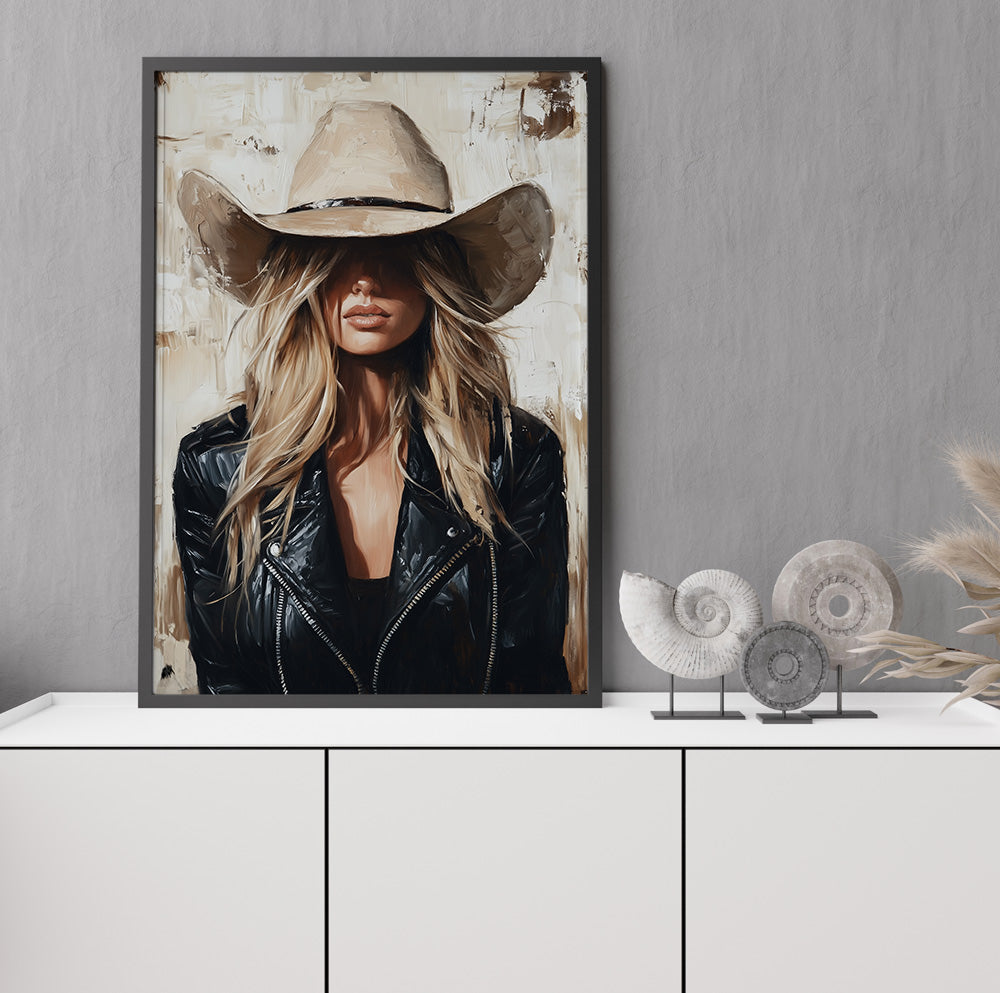 Neutral western wall art featuring a fashionable cowgirl portrait in beige, cream and black