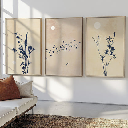 Botanical gallery wall featuring flying birds, wildflowers, and warm neutral colors