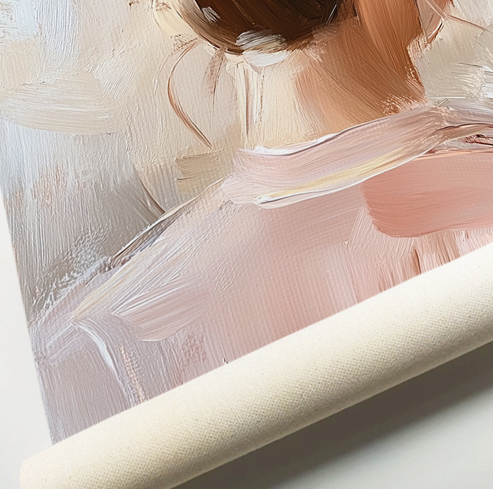 Neutral woman wall art featuring a female figure from behind in cream, beige and soft pink tones