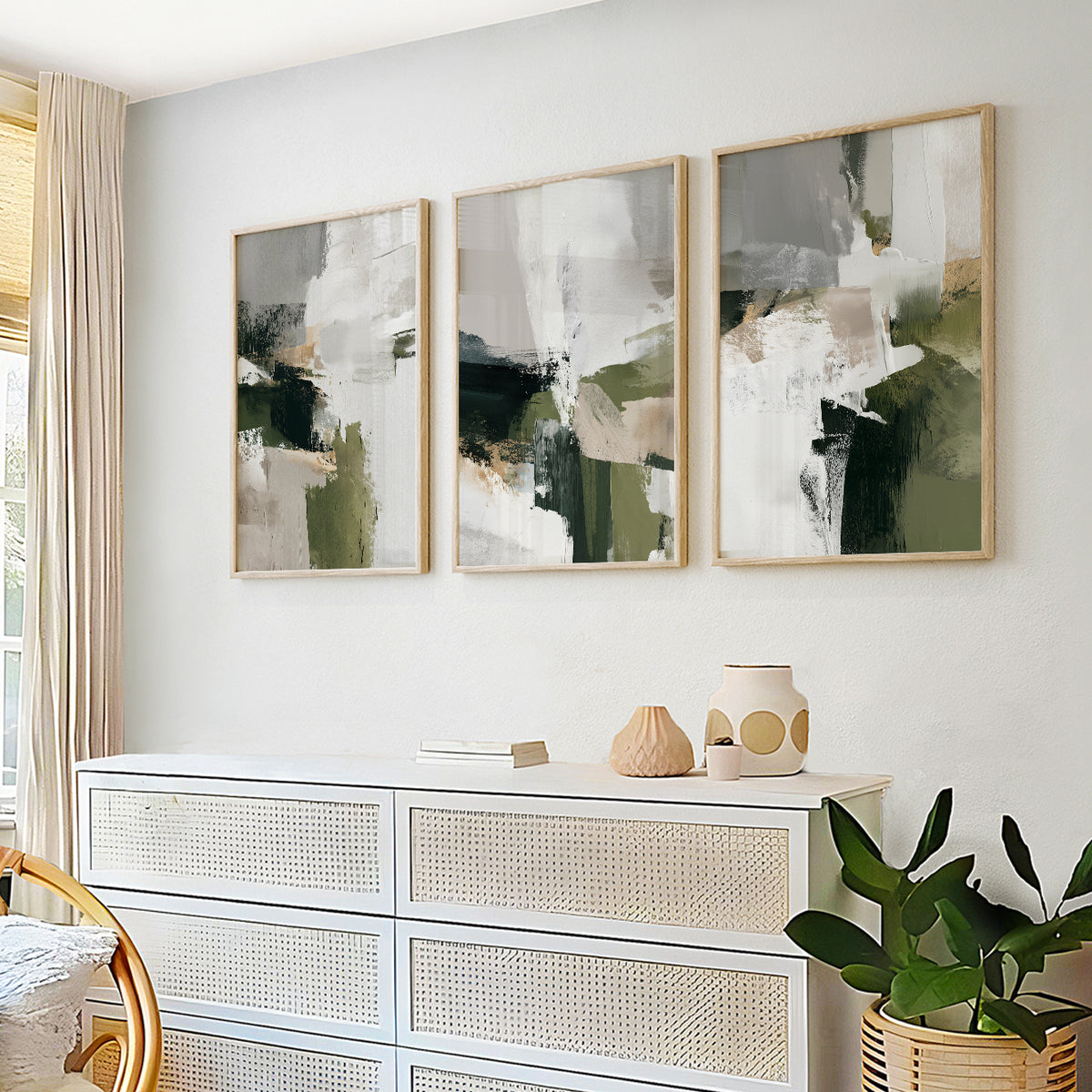 Olive green abstract wall art triptych with layered neutral brushstrokes in cream, beige, gray and dark green.
