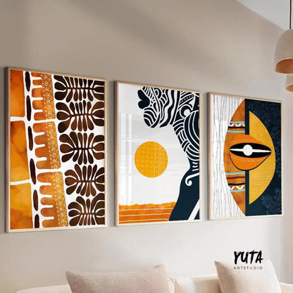 Orange African wall art gallery set showcasing tribal symbolism, cultural patterns and contemporary ethnic design
