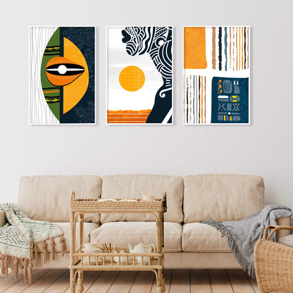 Orange and blue African wall art featuring tribal inspired artwork, symbolic patterns and modern ethnic styling