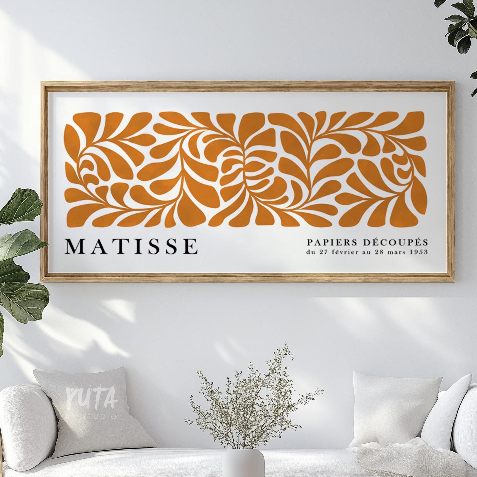 Orange botanical wall art showcasing decorative floral motifs and contemporary Matisse inspired styling