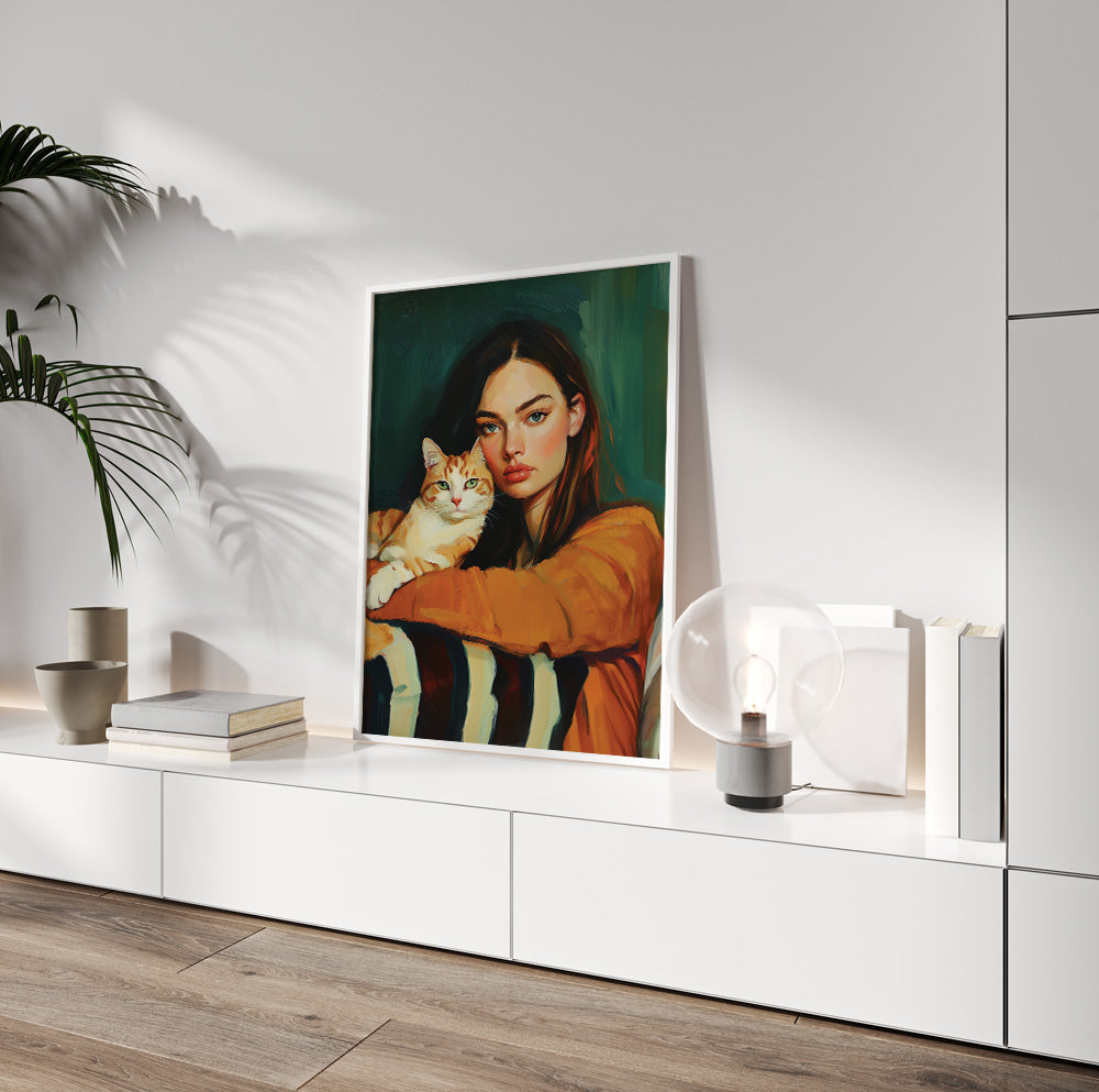 Orange cat wall art featuring a ginger and white cat held by a woman in a rust colored top