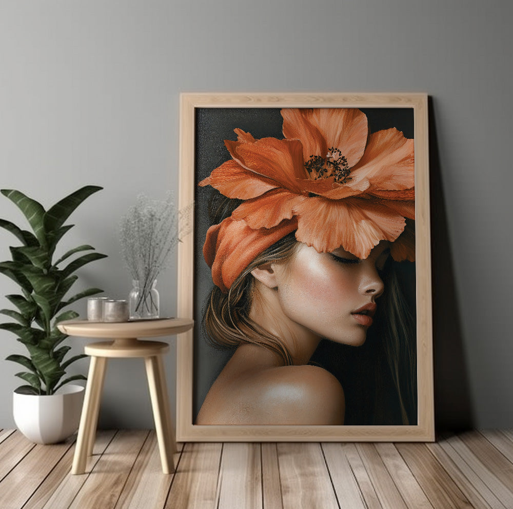 Orange flower woman wall art with a large botanical bloom and dark moody background