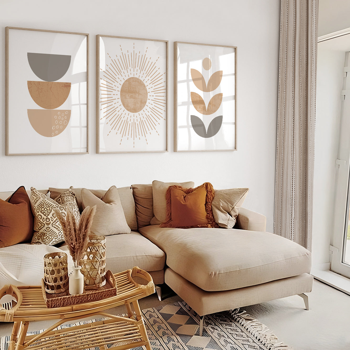 Contemporary boho wall décor featuring minimalist arches and geometric compositions