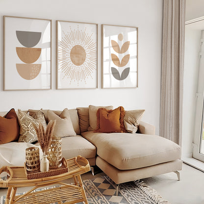 Contemporary boho wall décor featuring minimalist arches and geometric compositions