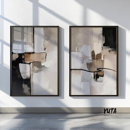 neutral abstract brushstroke art pair styled above a modern console cabinet