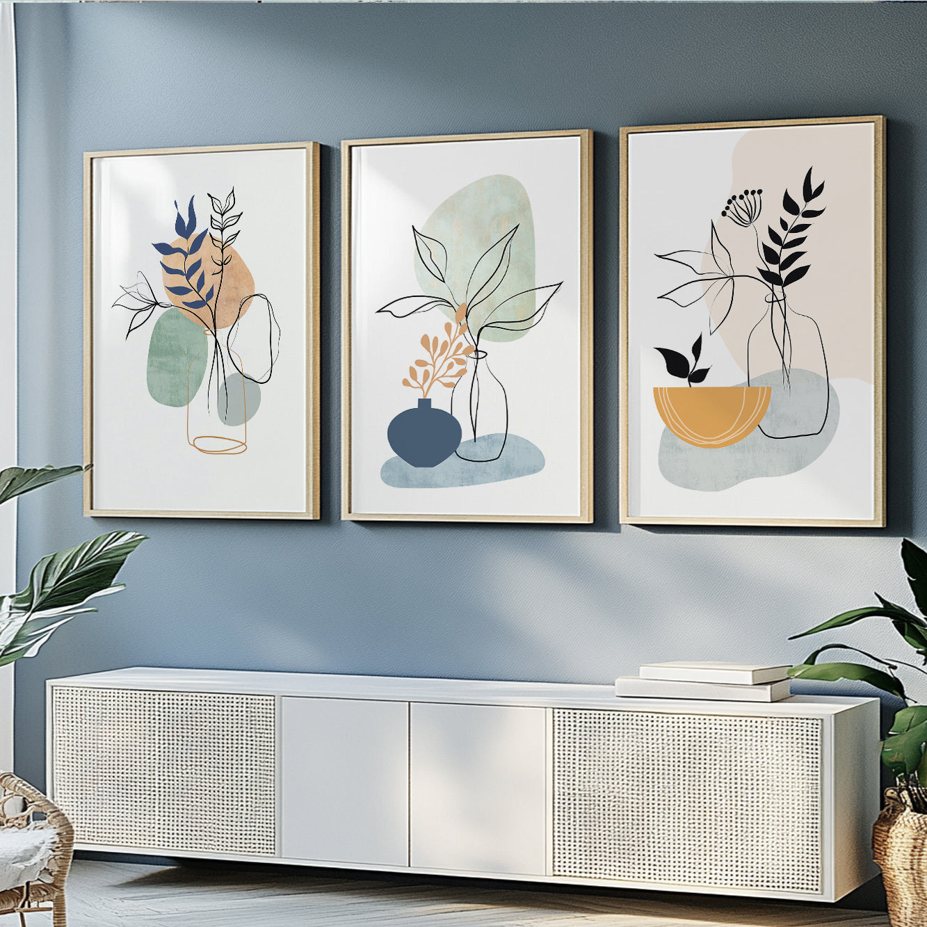 Minimalist botanical artwork with delicate leaves, vases, and neutral modern colors