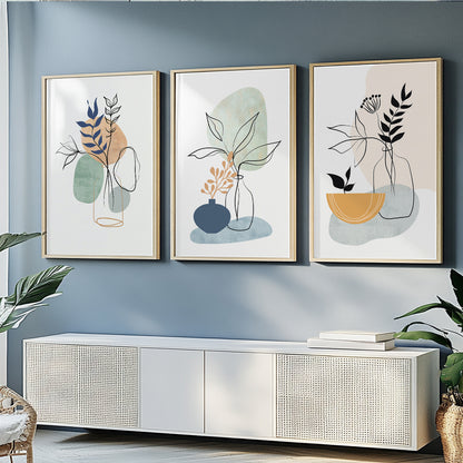Minimalist botanical artwork with delicate leaves, vases, and neutral modern colors