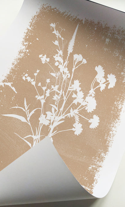 Neutral botanical artwork featuring vintage-inspired wildflower silhouettes in sand and cream tones