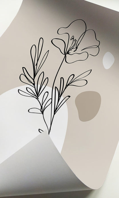 Organic Modern botanical prints combining fine floral outlines with soft neutral shapes