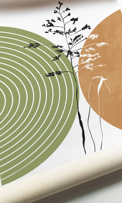Contemporary botanical wall art combining minimalist foliage with geometric abstract forms