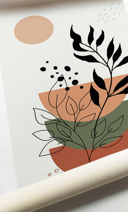 Botanical print set featuring earthy terracotta, olive green, and black organic shapes