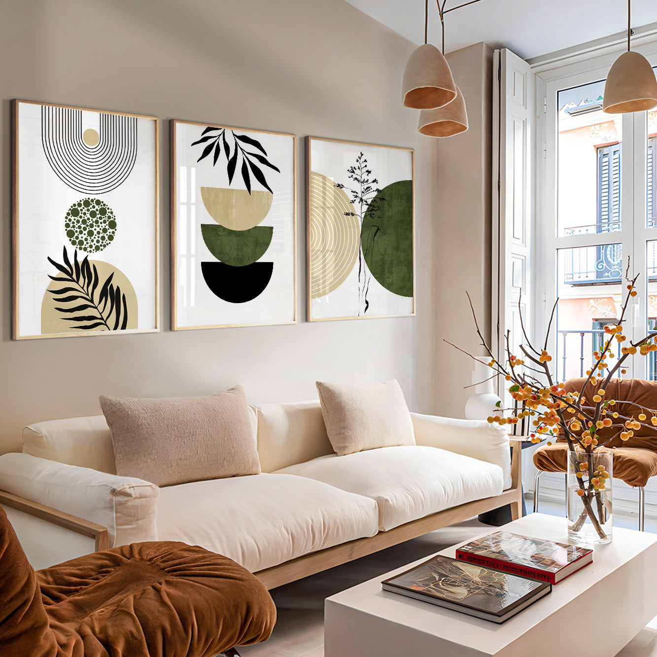 Organic Modern gallery wall featuring sage green geometric botanical artwork