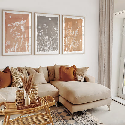 Terracotta botanical prints inspired by peaceful meadow landscapes and nature
