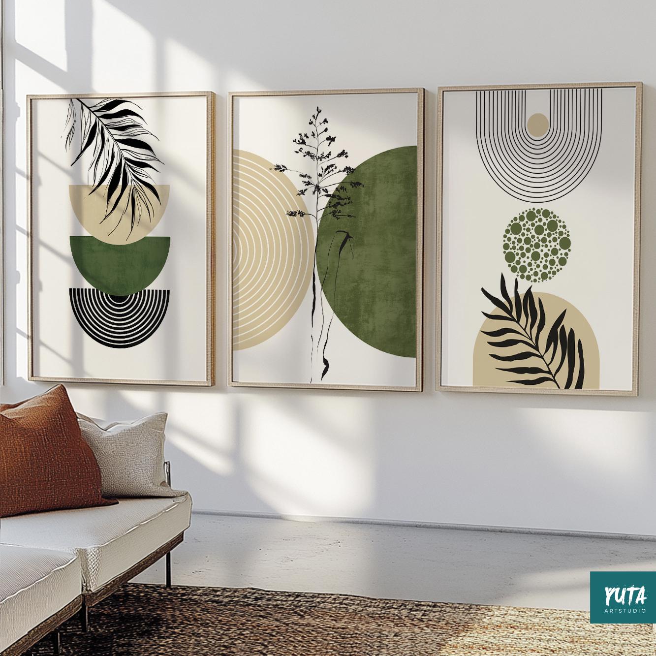 Organic modern botanical wall art with abstract circles, botanical sketches and contemporary earthy tones