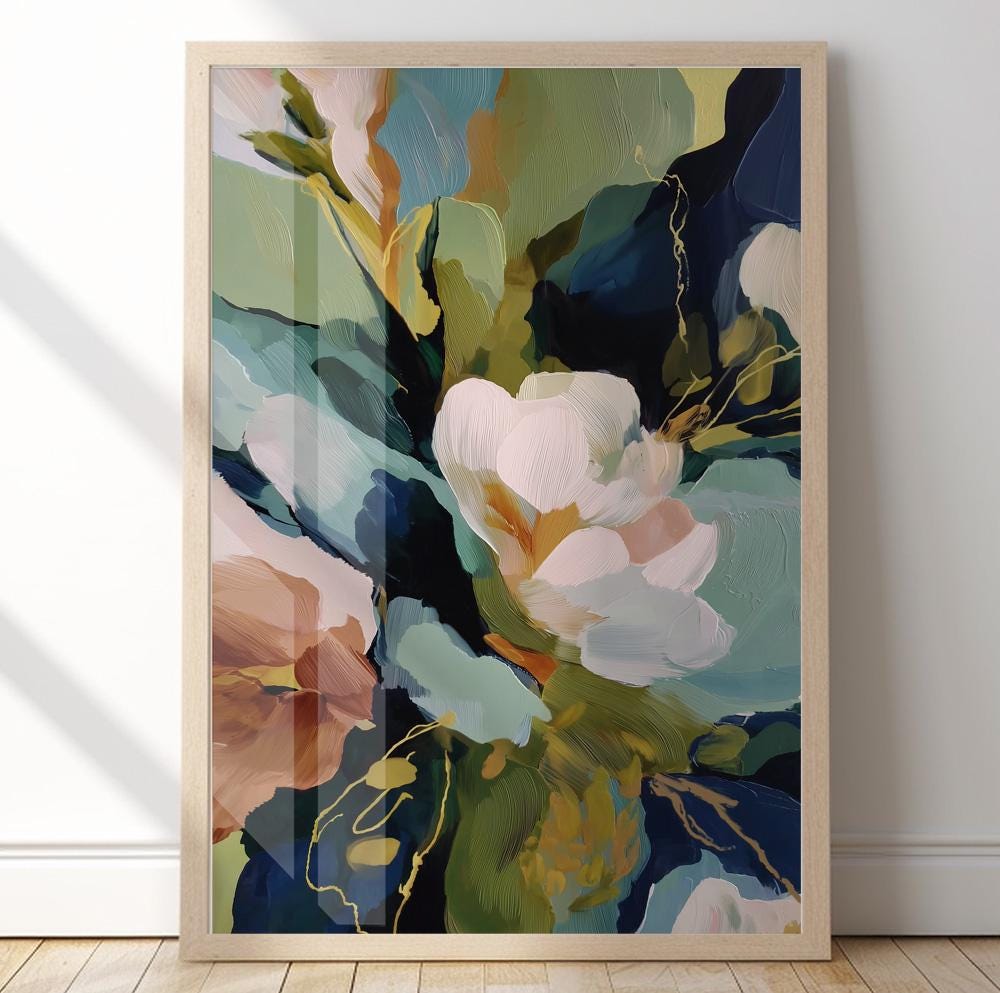 Organic modern floral print set with abstract blossoms, layered brushwork and sophisticated neutral accents