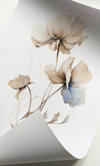 Beige botanical canvas art set with subtle blue floral accents