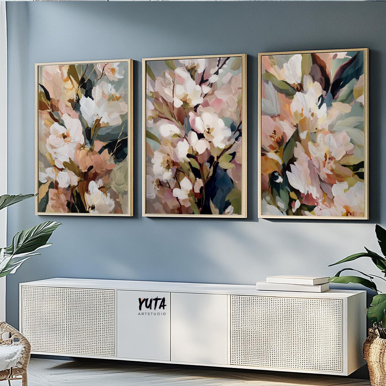 Large neutral flower artwork with expressive paint strokes