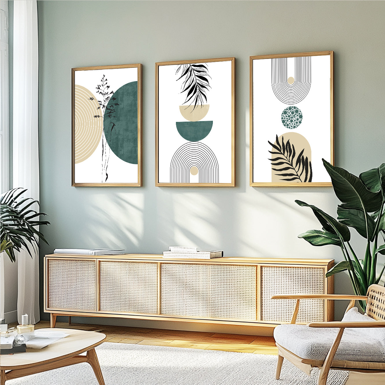 Modern botanical gallery wall featuring geometric circles and elegant botanical illustrations