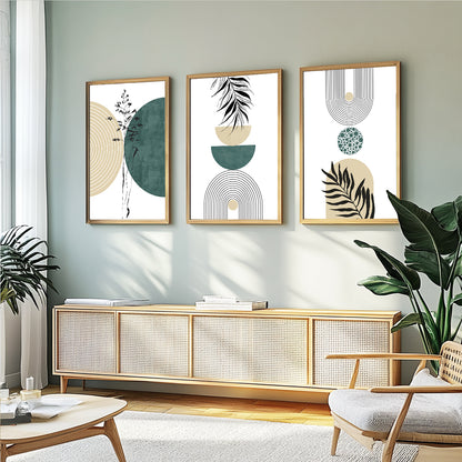Modern botanical gallery wall featuring geometric circles and elegant botanical illustrations