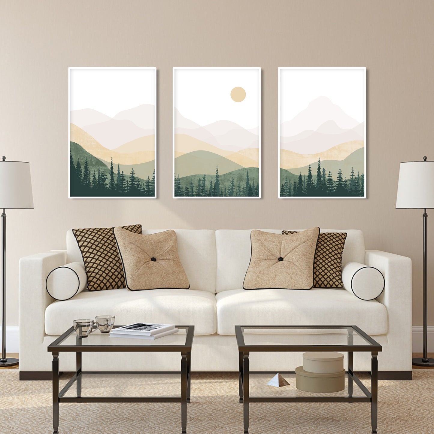 Neutral green beige abstract mountains set of 3 prints. Mid century modern minimalist nature room decor aesthetic boho gallery wall set