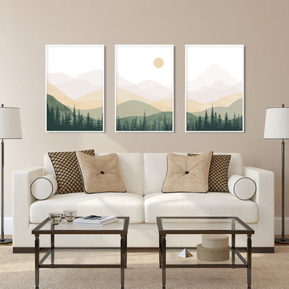 Neutral green beige abstract mountains set of 3 prints. Mid century modern minimalist nature room decor aesthetic boho gallery wall set