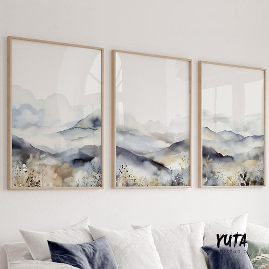 Minimalist Mountain Wall Art Set of 3, Neutral Scandinavian Nature Decor