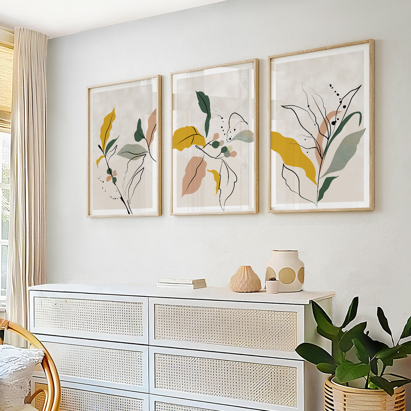 Modern botanical wall art with abstract foliage and minimalist organic shapes
